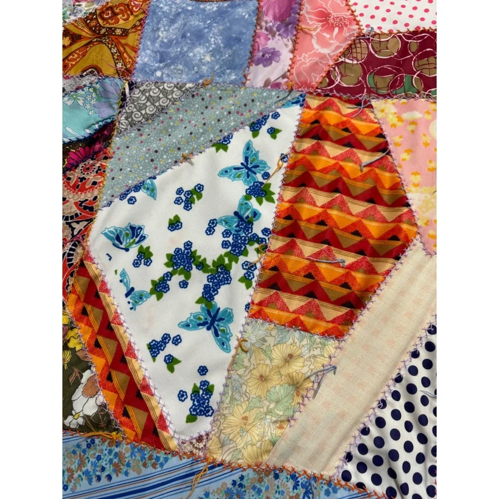 Vtg 70's Handmade Polyester Crazy Multi Color Patchwork Quilt Double Knit 66x86